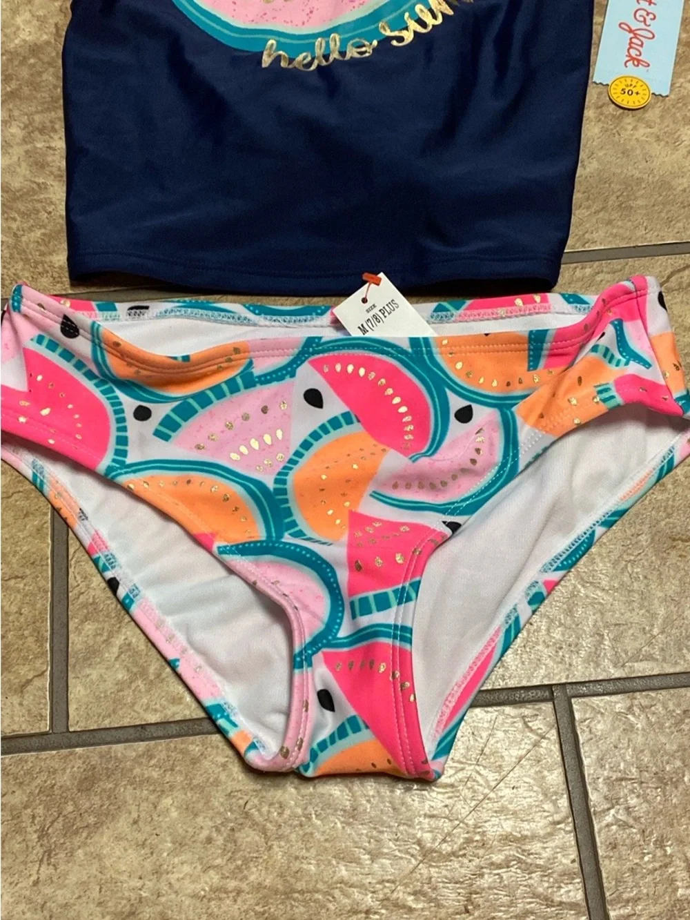 Girl’s Navy Tankini with Pink, Teal & Coral Watermelon Print 7/8 Plus NWT Summer